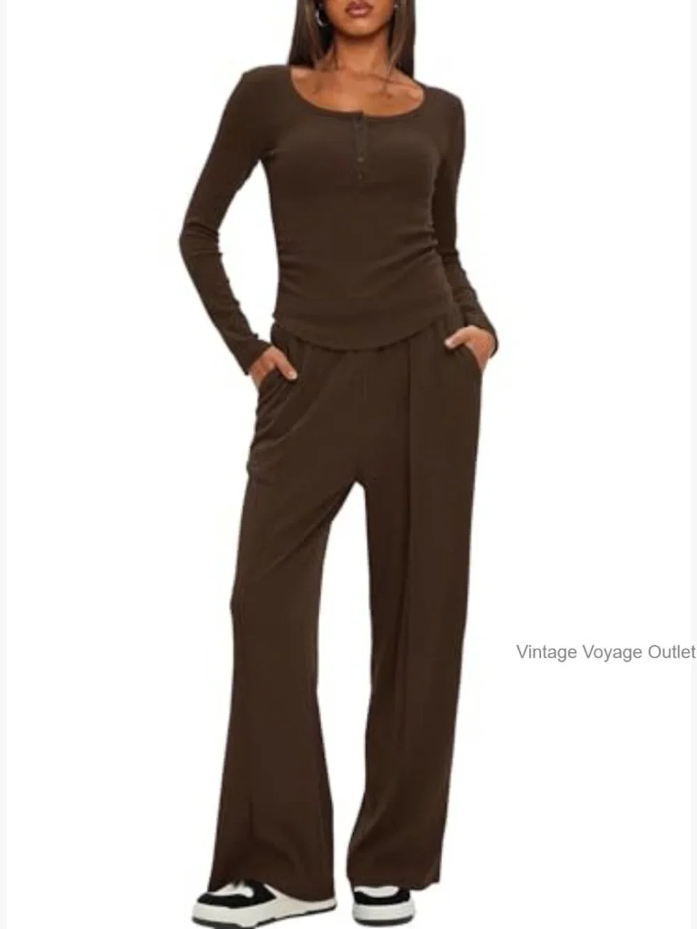 2 Piece Lounge Set Long Sleeve Henley Wide Leg Pants Travel Outfit - Picture 5 of 7